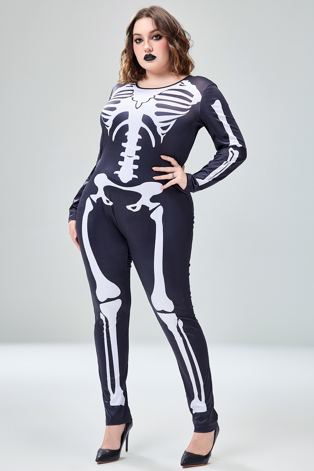 Xpluswear Design Plus Size Halloween Costume Gothic Skeleton Print Long Sleeve Knitted Jumpsuit [Pre-Order]