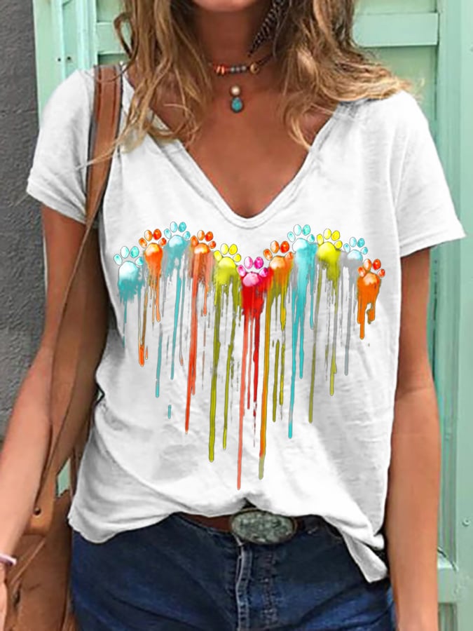 Women's Colorful Dog Paw Heart Print V-Neck T-Shirt