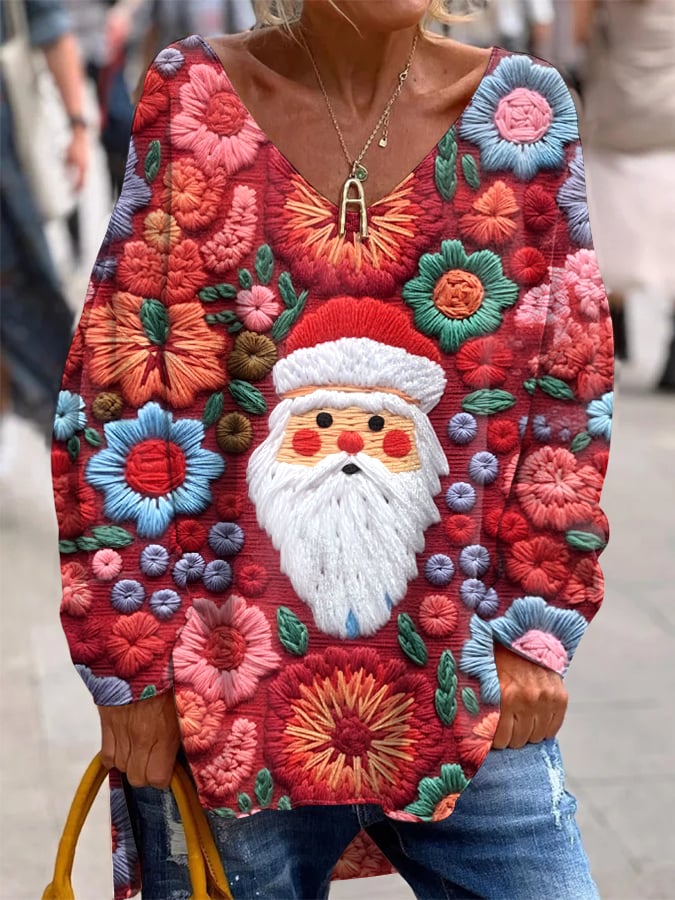 Women's Santa Print French Cashmere V-Neck Top