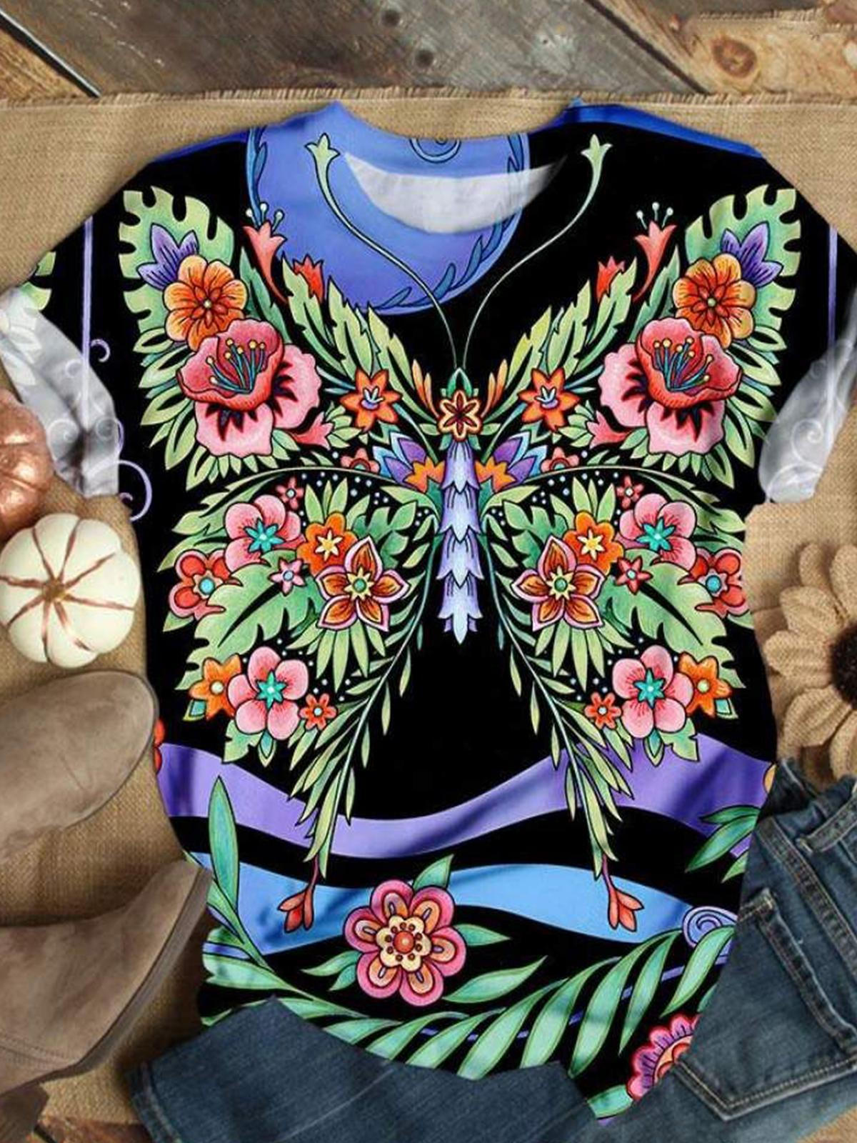 Butterfly Flower Crew Neck T-shirt