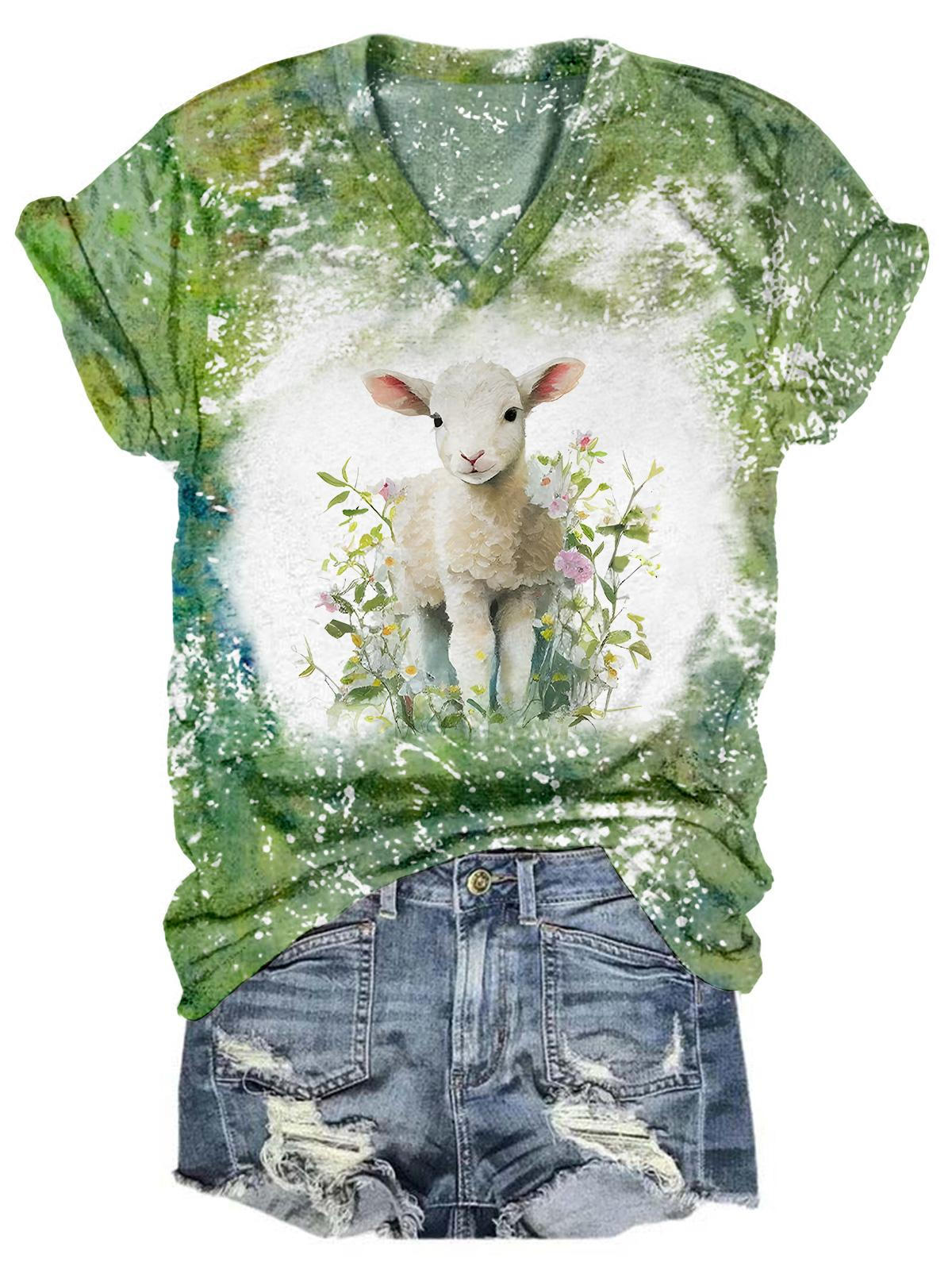 Flower Lamb Tie Dye V Neck T-Shirt