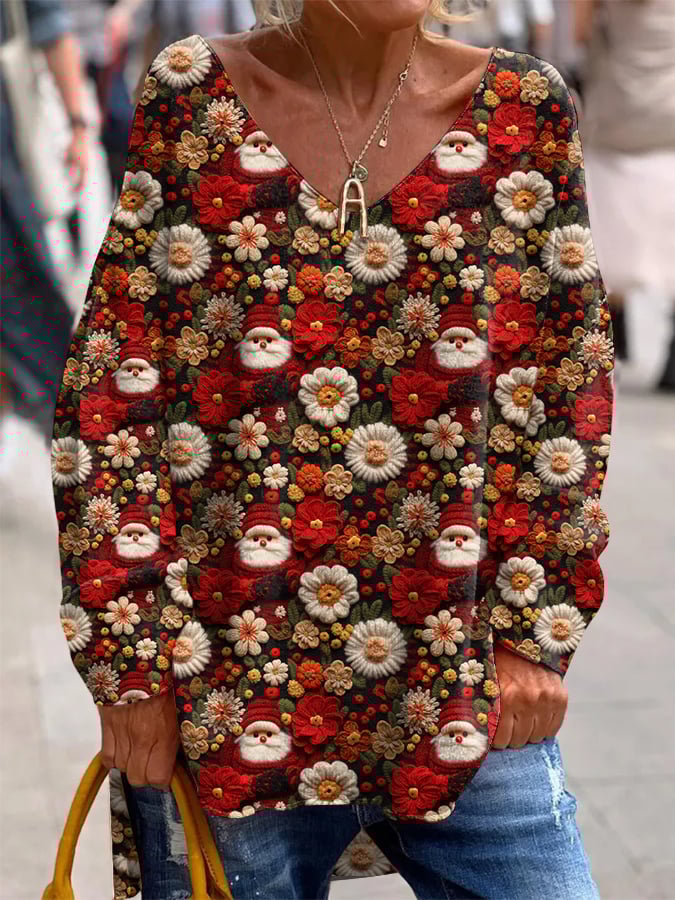 Women's Santa Print French Cashmere V-Neck Top