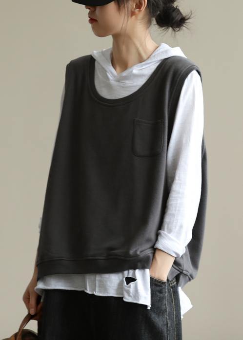 Classy dark gray tops women hooded two pieces oversized fall blouse