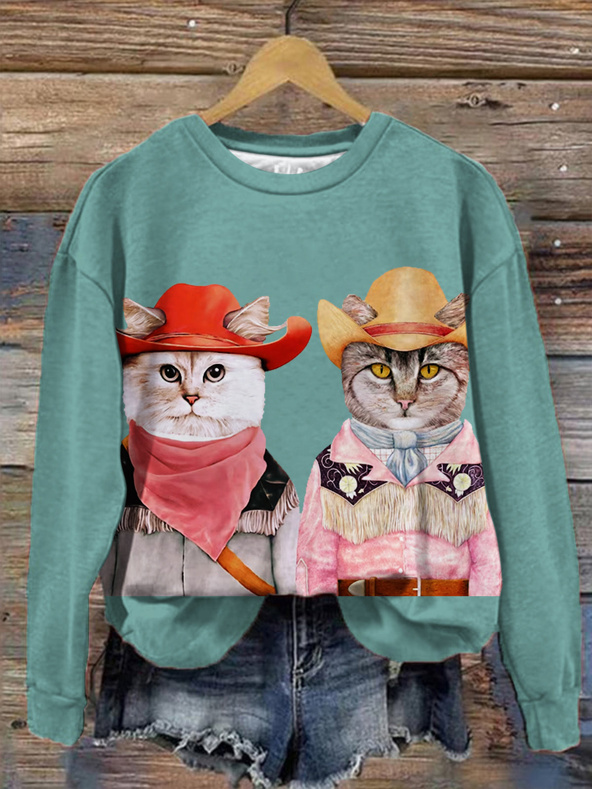 Women's Cowboy Cats Art Print Round Neck Long Sleeve Top