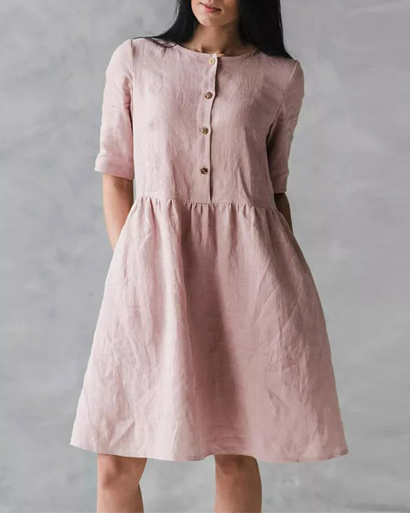 Casual Round Neck Button Long Sleeve Knee-High Dress with Pocket