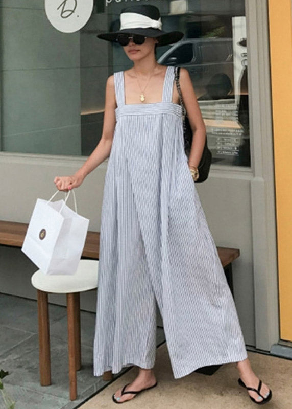 Plus Size Striped Pockets Wide Leg Jumpsuit Pants Summer