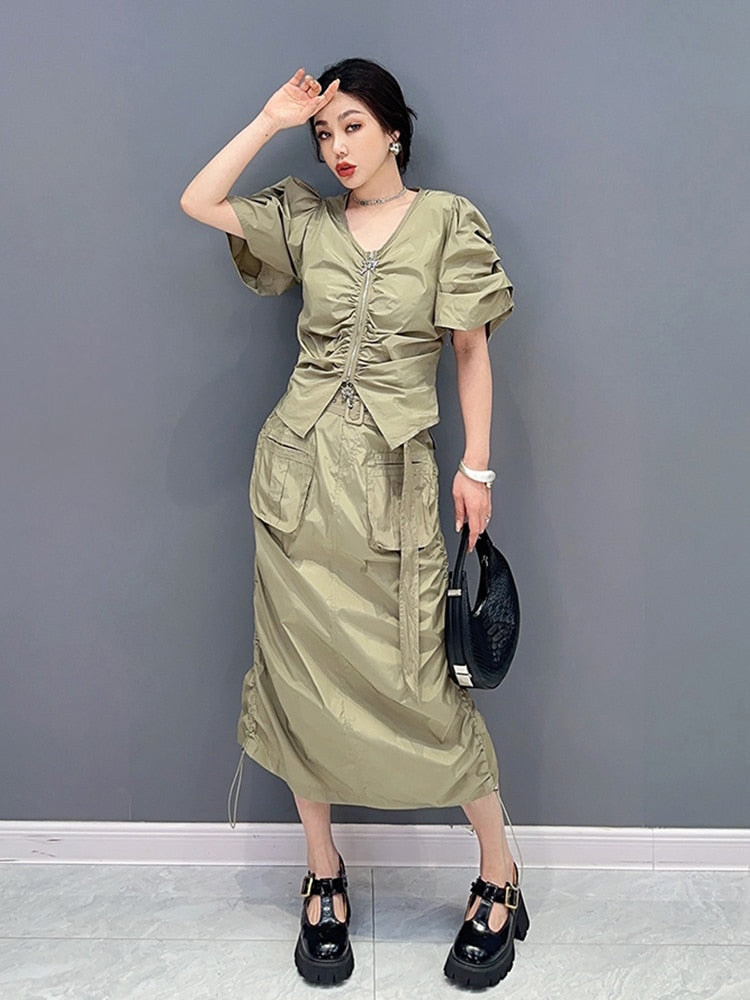 Casual Chic Drawstring V-Neck & Skirt 2-Piece Set