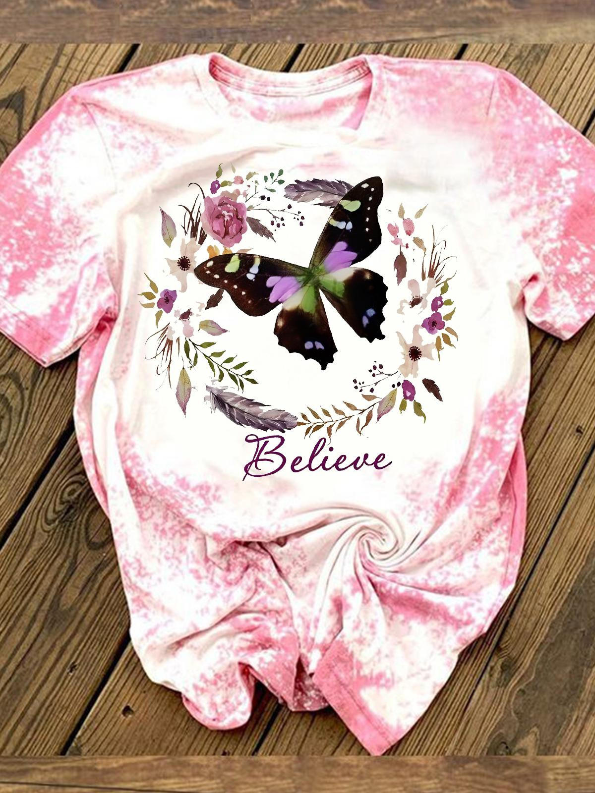 Believe Butterfly Flower Print Tie Dye T-shirt