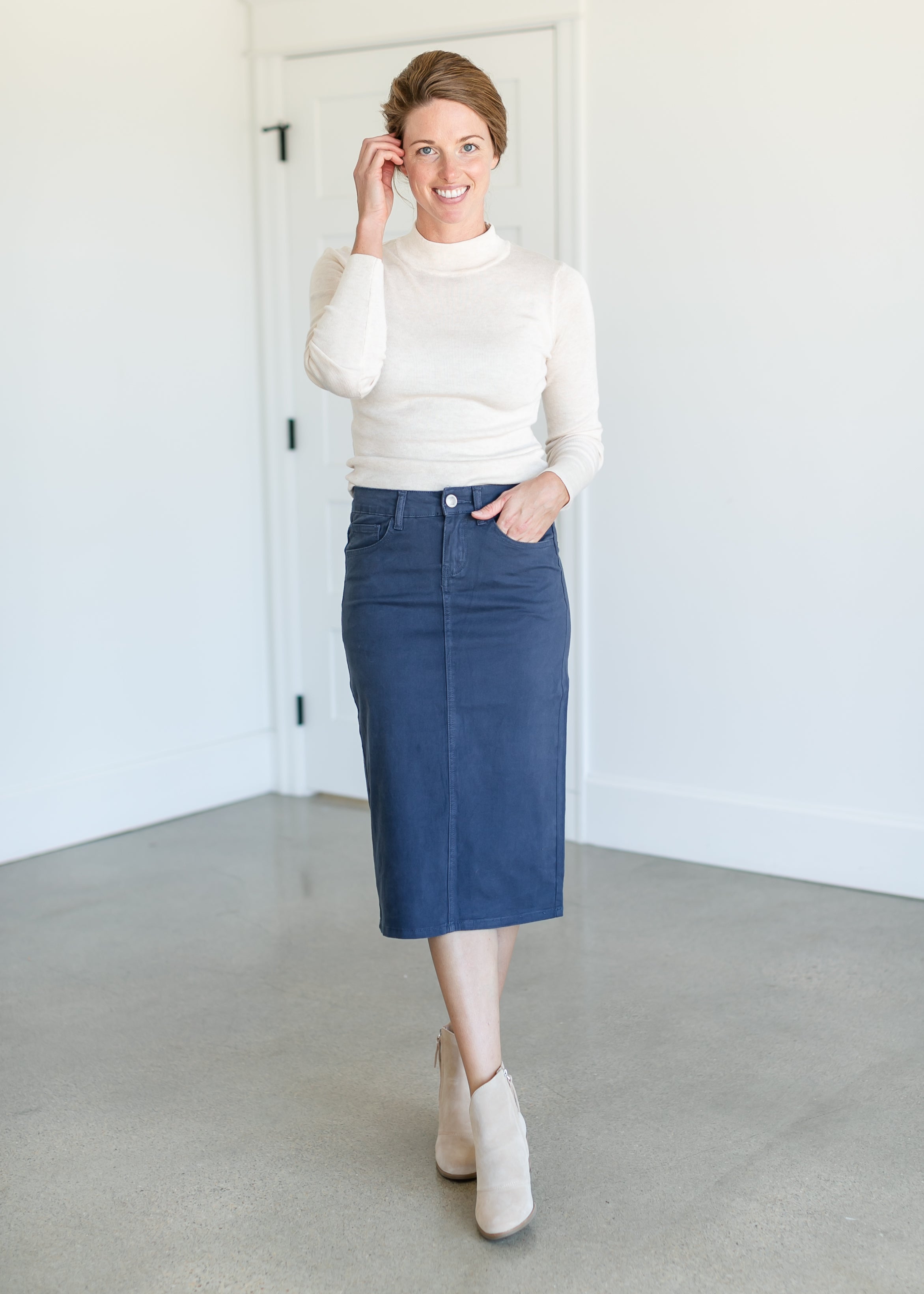 Remi Navy Denim Midi Skirt